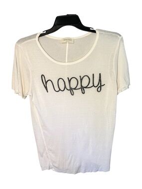 MONOCRACY Women’s White Lightweight ‘Happy’ T-Shirt Sz M- Raw Hem Tunic Length